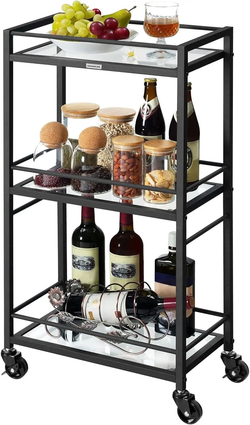 

MAHANCRIS Bar Cart, Home Bar Serving Cart, Kitchen Cart, 3-Tier Glass Bar Cart on Wheels, Rolling Cart for Bar, Kitchen,