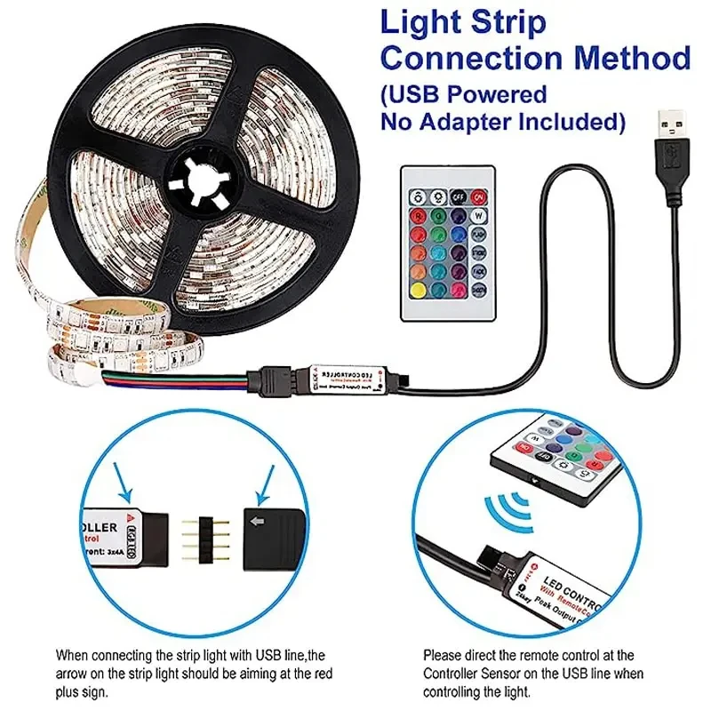 5V USB LED Light Strip RGB SMD5050 24-Key Remote Control Luces DIY TV Backlight Flexible Lamp Tape For Gaming Room Bedroom Decor