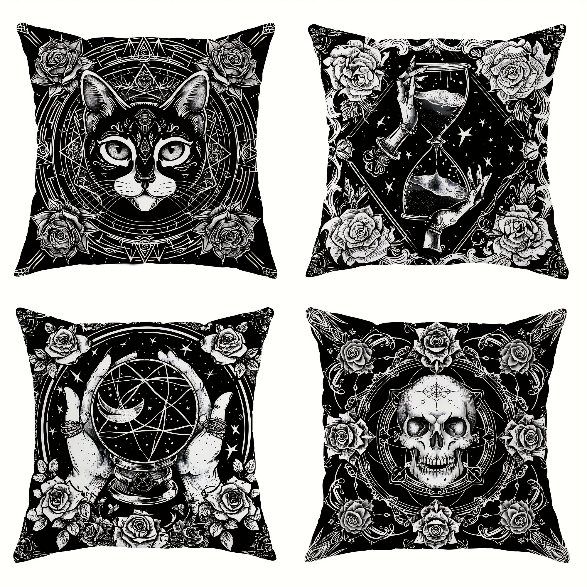 

4Pcs Gothic Cat & Skull Floral Pillow Covers - Modern Soft Polyester Cushion Covers with Zipper for Living Room Decor