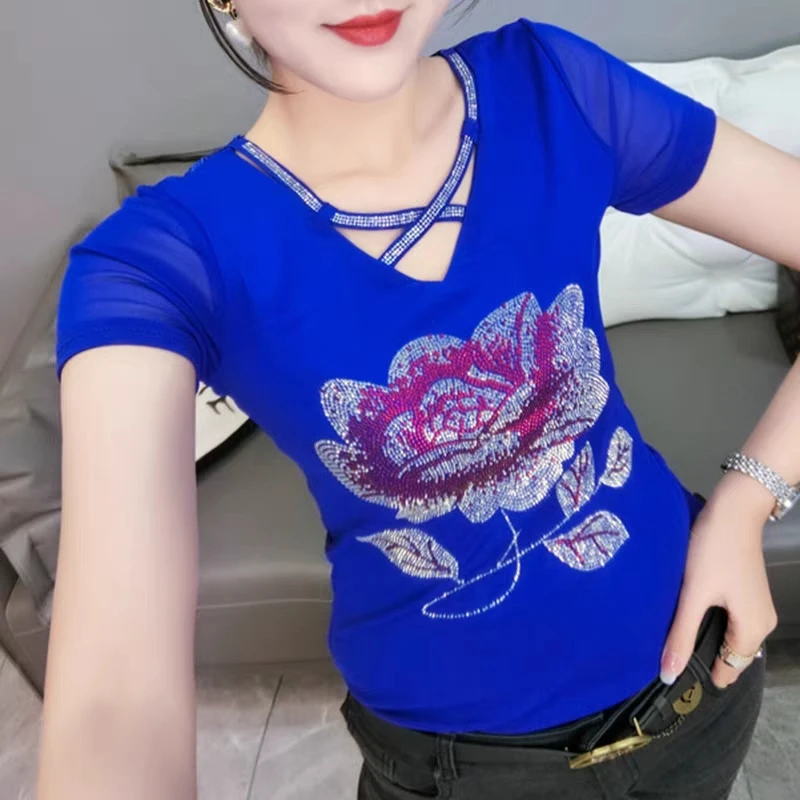 High Quality Summer Mesh T-Shirt Women Flower Diamonds Slim Sexy Tops Elegant Hollow Out V-Neck Short Sleeve Korean Female Tees