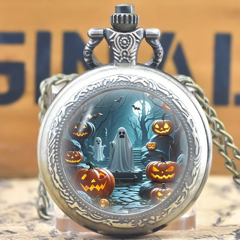 Creative Vintage Compact Medium Quartz Necklace Pocket Watch Alloy Round Dial Funny Stickers Halloween Cheap Gift For Kids