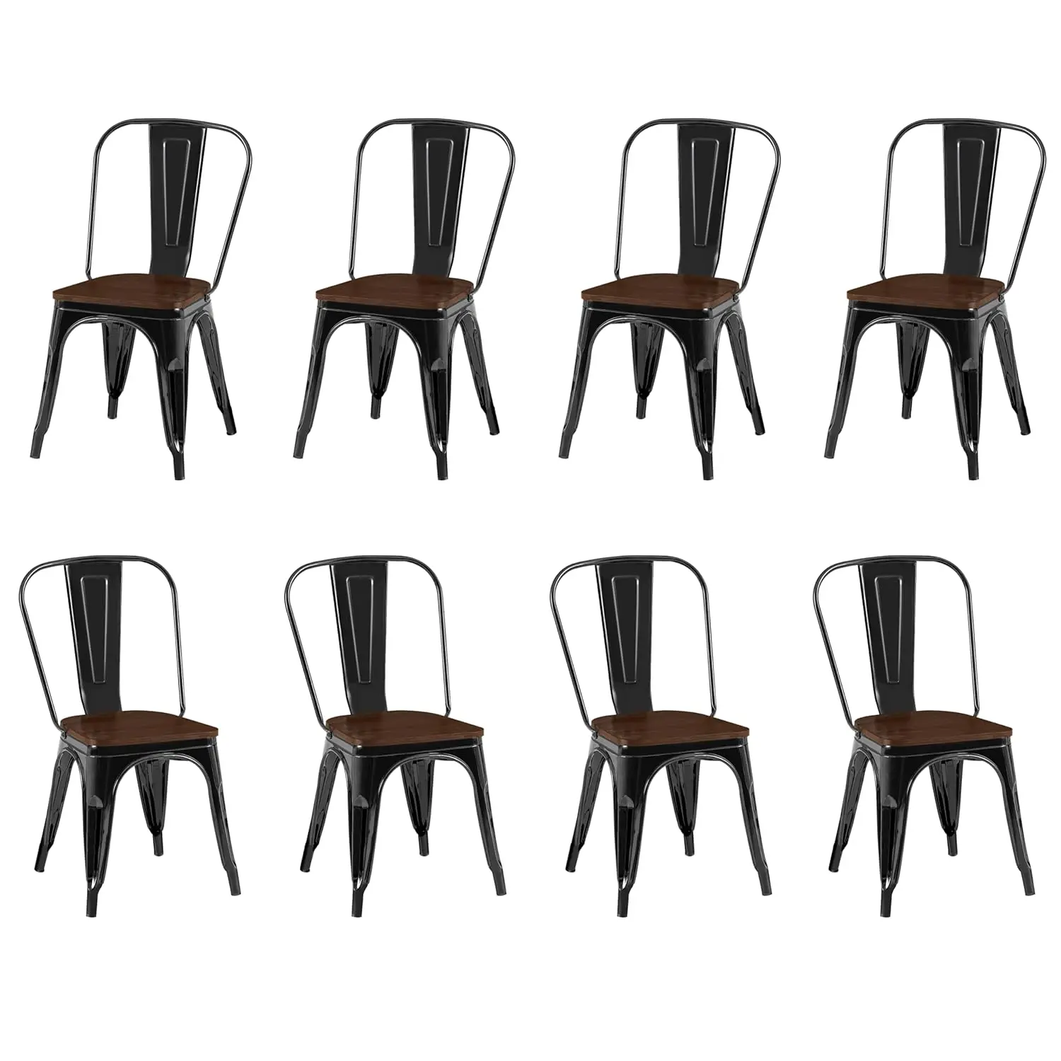 

Industrial Metal Dining Chairs Set of 8 Stackable High Back Wood Seat Indoor Outdoor Kitchen Cafe Restaurant Vintage Customized