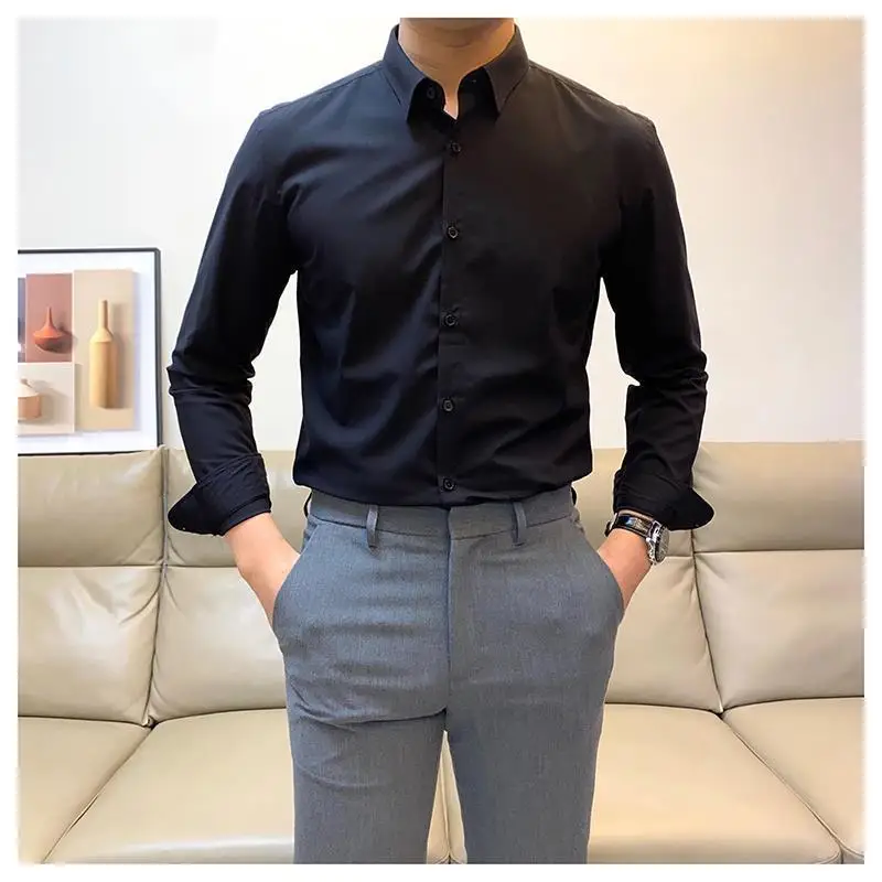 Smart Casual Commute Office Formal Handsome SlimSolid Color Classic Tall and Straight Sven Men's Long Sleeved Shirt Spring 2024