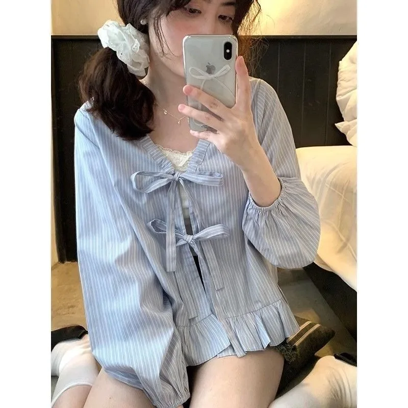 

Female Spring Summer Preppy Style Fashionable Drawstring Bow V-neck Women Shirts Sweet Young Style Cotton Long Sleeve Top Tee