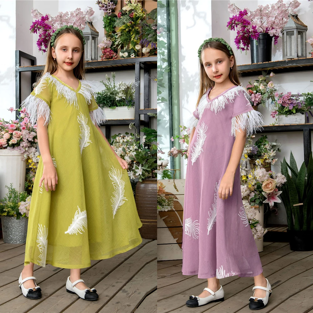 

2024 New Summer Muslim Kids Girls Short Sleeve Maxi Dress Feather Abaya Dubai Turkey Kaftan Eid Ramadan Jalabiya Robe Party Gown