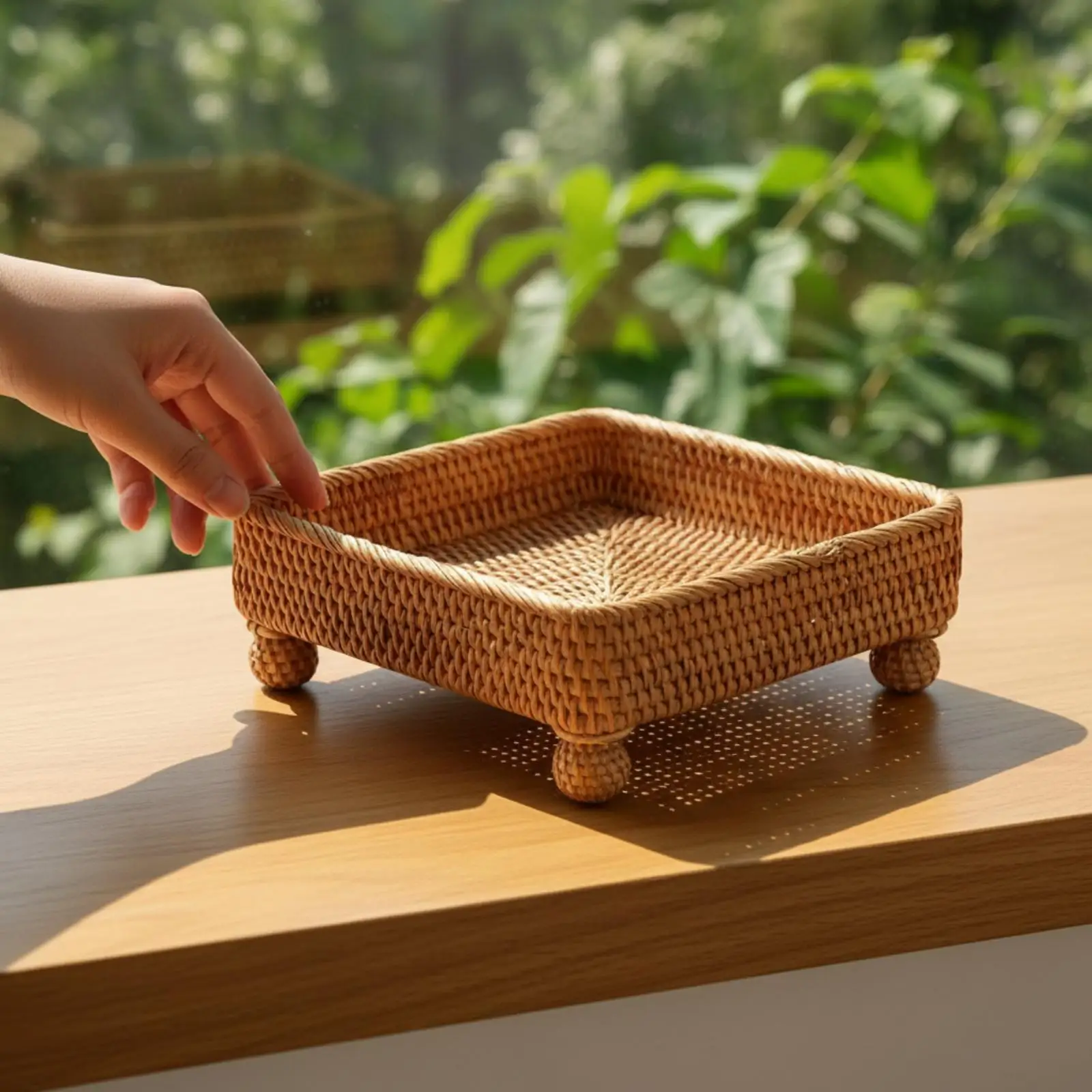 Rustic Rattan Storage Basket Handmade Open Top Tray for Dining Table Small Items