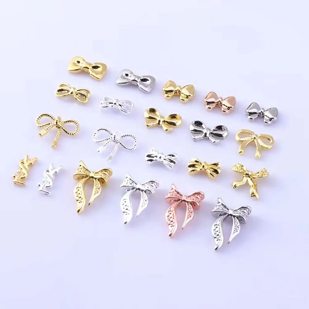 20pcs Alloy Ribbon Bows Nail Art Charm 3D Gold/Silver Mini Hollow Bowknot  Shiny Nail Decor Parts DIY Japanese Design Nail Parts