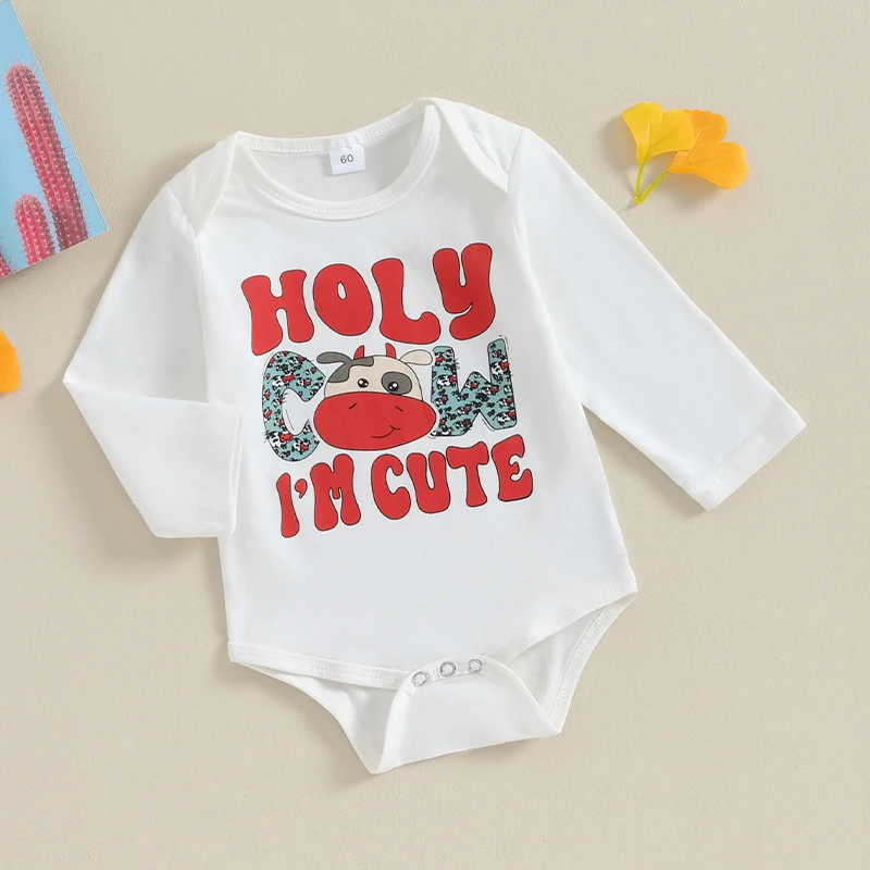 

Baby Romper Long Sleeve Crew Neck Letters Cow Print Fall Bodysuit Clothes for Girls Boys