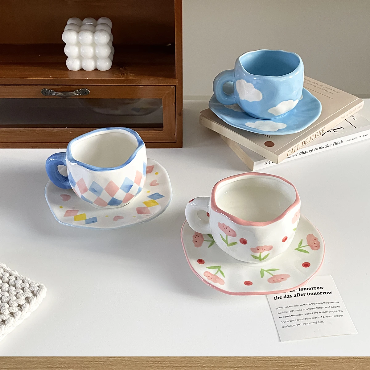 1Pc 280ml Original Design Nordic Style Hand-Painted Ceramic Coffee Cup and Saucer, Multi-Color Plaid, Heart, Blue Sky and White Clouds, Floral Mug, Suitable for Afternoon Tea, Milk Cup and Saucer, Latte Cup, Dessert Plate, Cup and Saucer Set, Great Gift Item view 3