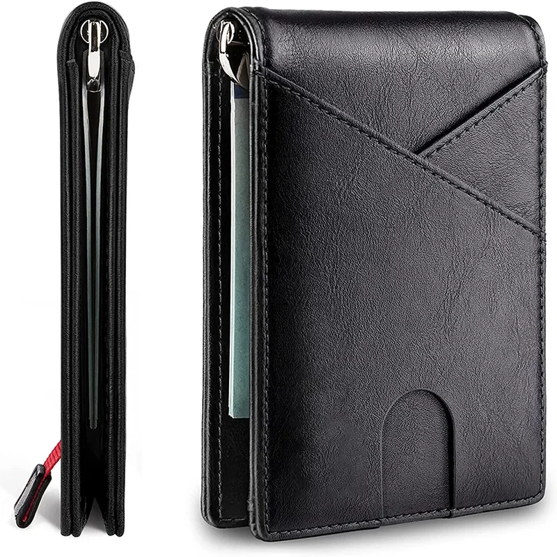 Men's Slim Thin Bank ID Credit Card Carbon Fiber Rfid Luxury Wallet Genuine Leather Small Short Purse Bag Red Black Card Holders