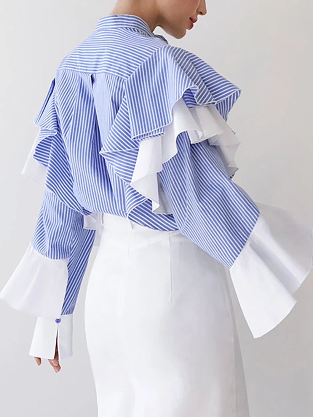 French Style Blue Strips Shirt Women's Single Breasted Half Collar Puff Long Ruffles Design Sleeve Shirt Office Lady Fashion Top