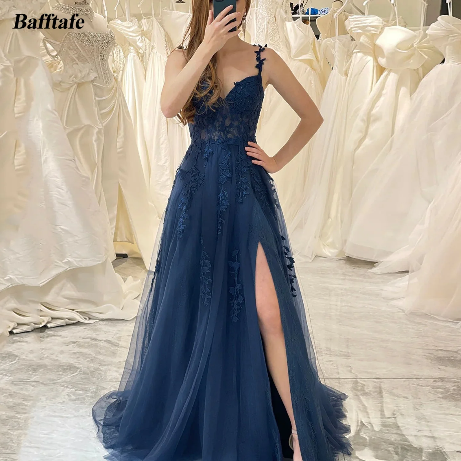 

Bafftafe Customized Navy Blue Tulle Women's Prom Dresses Appliques Lace High Slit Formal Occasion Party Special Evening Gowns