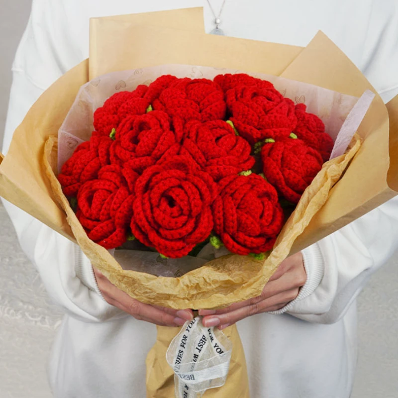 

10PCS Handmade Crochet Rose Bouquet Touch Valentine Mother's Day Bouquet Handmade Rose Shaped Flowers For Photography Wedding