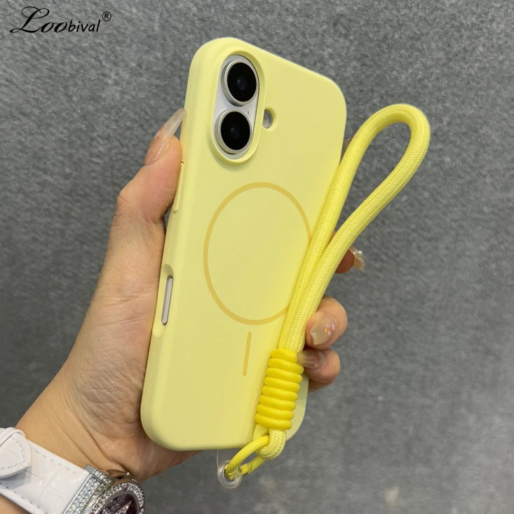 MagSafe Handgelenkschlaufe Flüssigsilikonhülle für iPhone 16 15 17 Pro Max Air 14 Plus 13 12 11 mit Lanyard, einfarbige matte Abdeckung