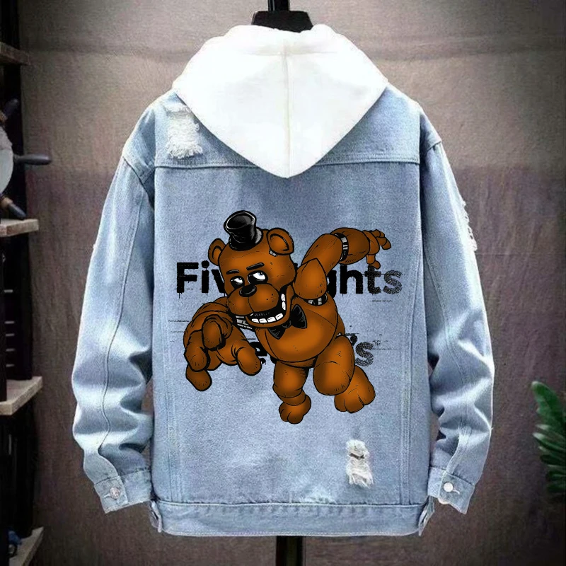 Five Nights At Freddyes Denim Jacket Thriller Themed Print Outerwear Men Anime Winter Casual Warm Cardigan Tops Fashion Clothing