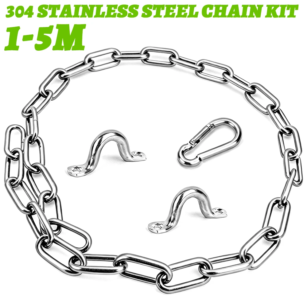 

304 Stainless Steel Chain Kit 1-5M 1.5/2/2.5/3/4mm Heavy Duty Hanging Chain with Spring Hook Quick Link Camel Hook