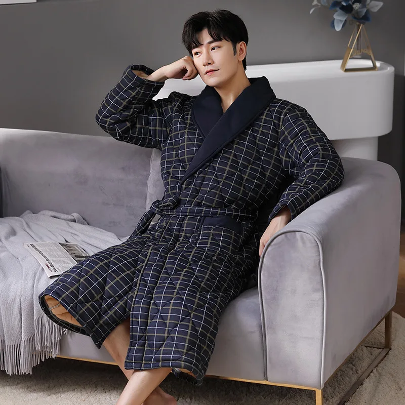 New Winter Thickened Warm Sleepwear Nightwear Cotton-Padded Robe Bathrobe Gown Loose Print Stripes Kimono Home Wear Loungewear