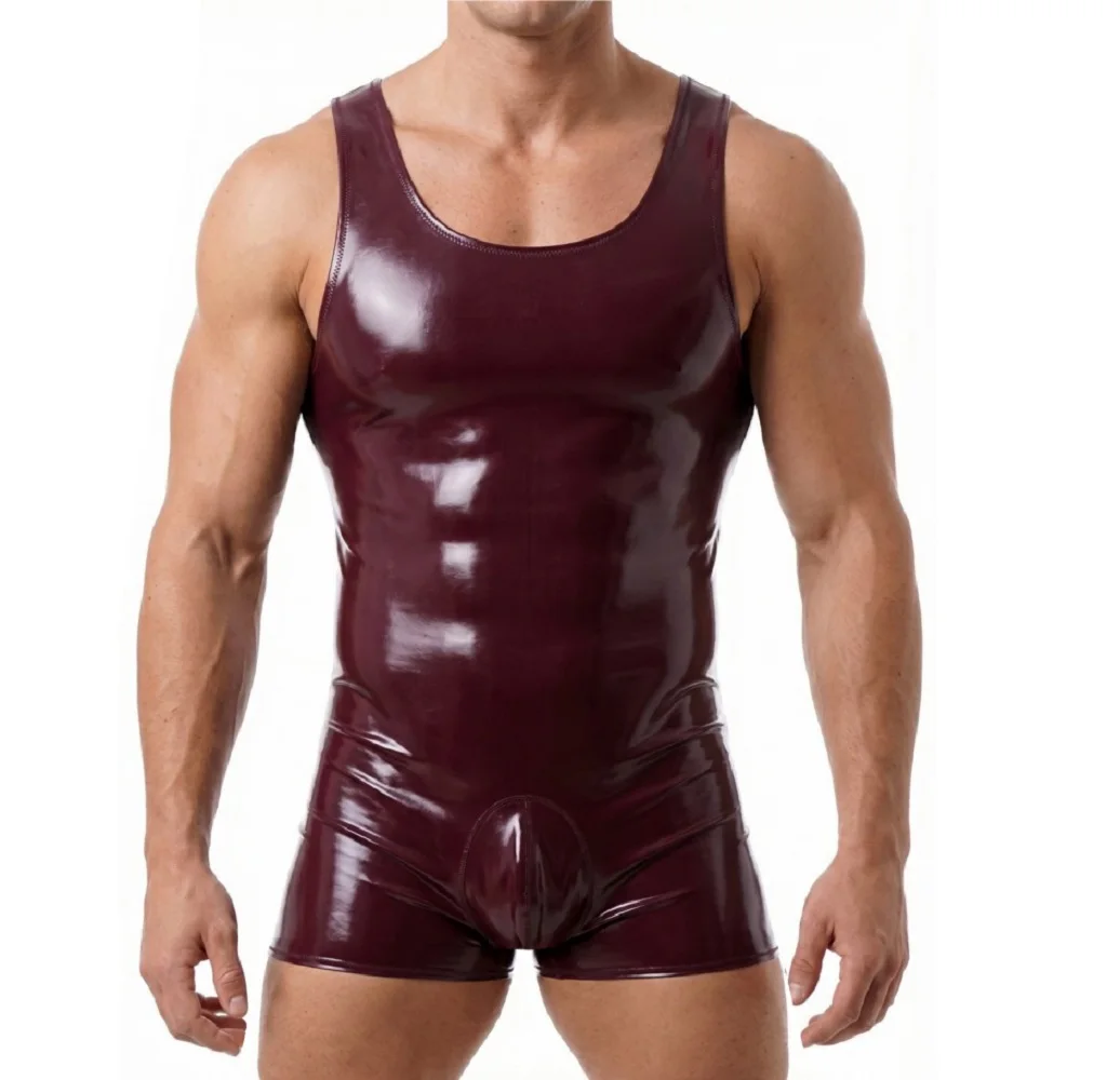 

Mans Reversible Catsuit Double Sided PU Leather Leotard with Convex Pouch Bodysuit S-3XL Tight Teddy Tank Top Waistcoat Leotard