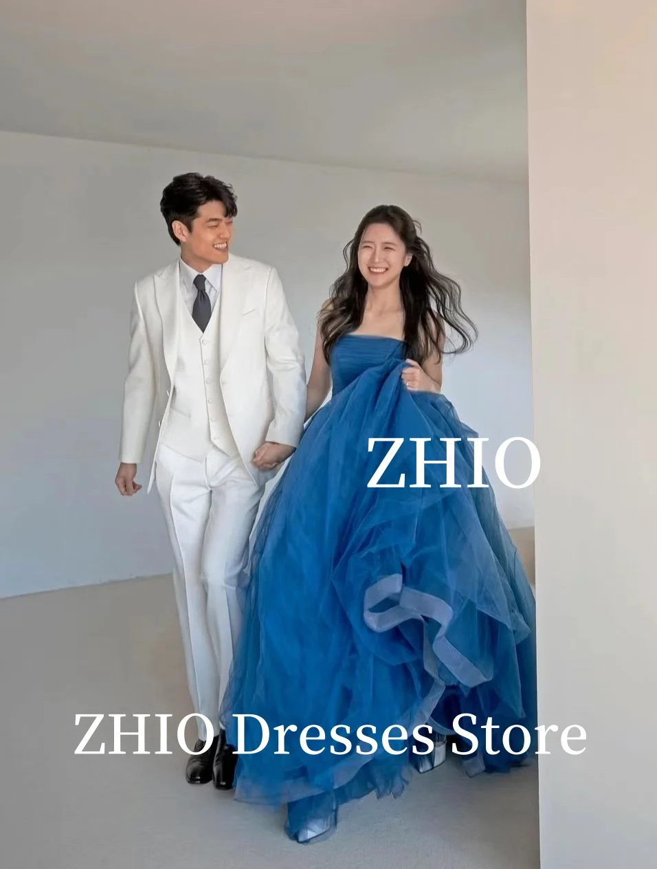 ZHIO Elegantes dunkelblaues Hochzeitskleid, A-Linie, trägerlos, Tüll, Korea, Fotoshooting, bodenlanges Brautkleid, individuelle Prinzessin