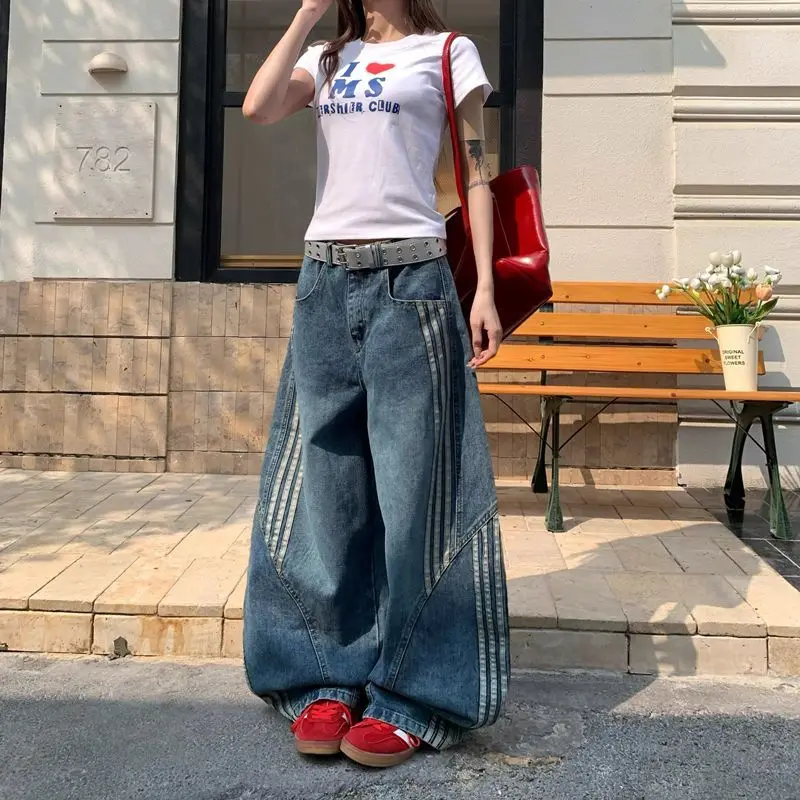 

American Fashion Retro Washed Denim Jeans Women's New Style Three Bar Striped Splicing Wide Leg Pants Loose Floor Pants