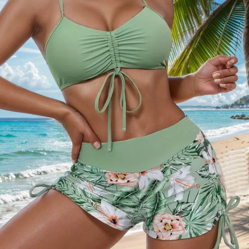 

2025 Tie Dye Bikini Drawstring Swimsuit Women High Waist Shorts Swimwear Female Padded Bathing Suit Swimming Beachwear Summer