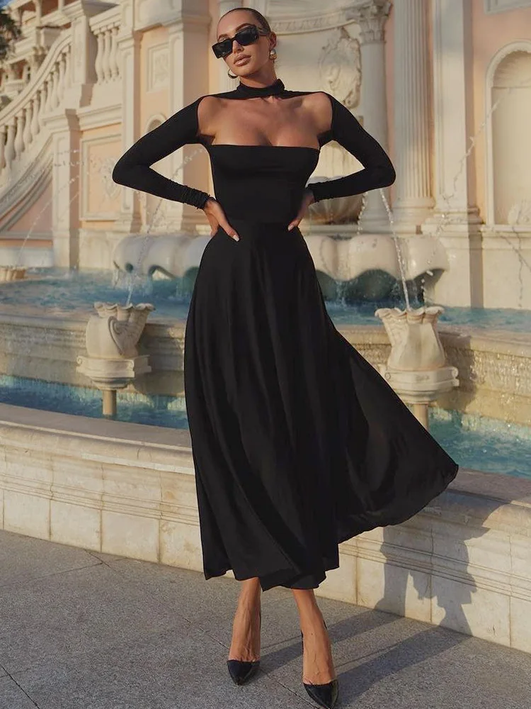 

Halter Neck Cut Out Elegant Dress Long Sleeve Black Autumn Winter Fashion Turtleneck A Line Maxi Sexy Dresses Women 2023