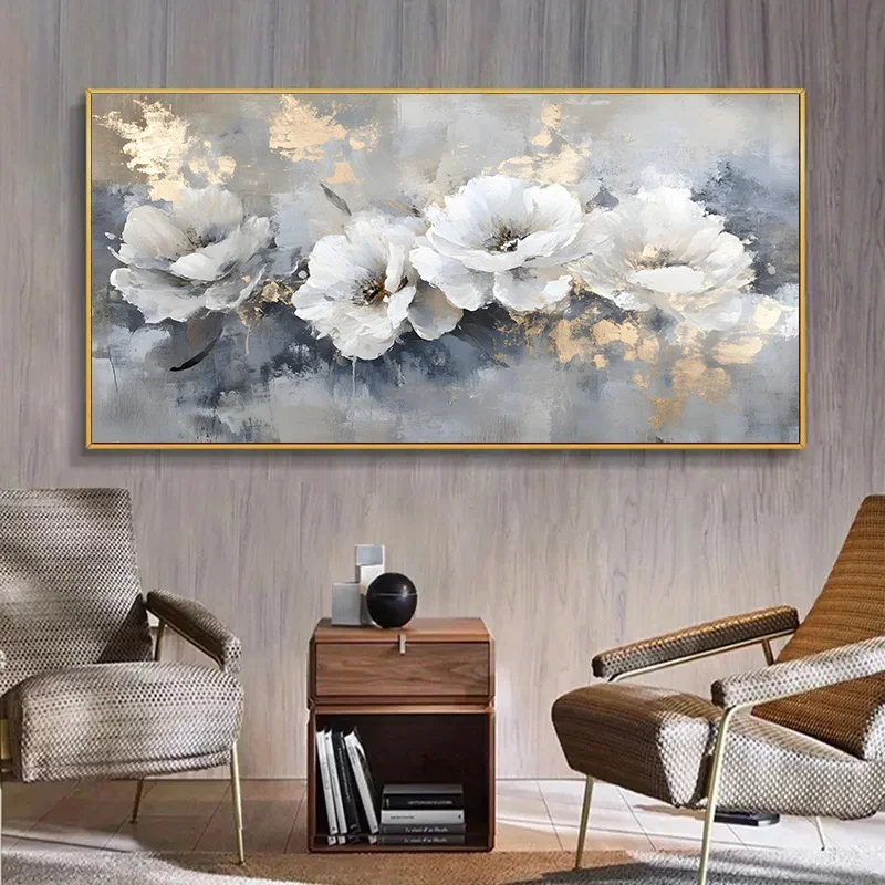 كبير الحديثة مجردة الأبيض الأزهار قماش جدار الفن لا الإطار ملصق لغرفة المعيشة ديكور غرفة نوم ، رمادي أزرق خلفية غرفة ديكور #1
