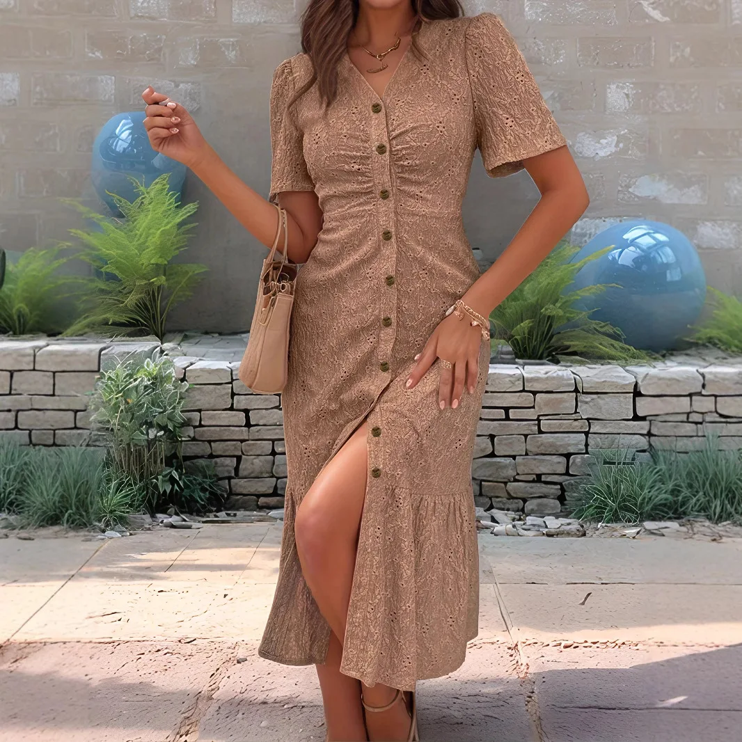 Vestido Fiesta Mujer Primavera Estate Abito camicia a maniche lunghe Donna Scollo a V Increspato Abito monopetto per vacanze al mare di media lunghezza