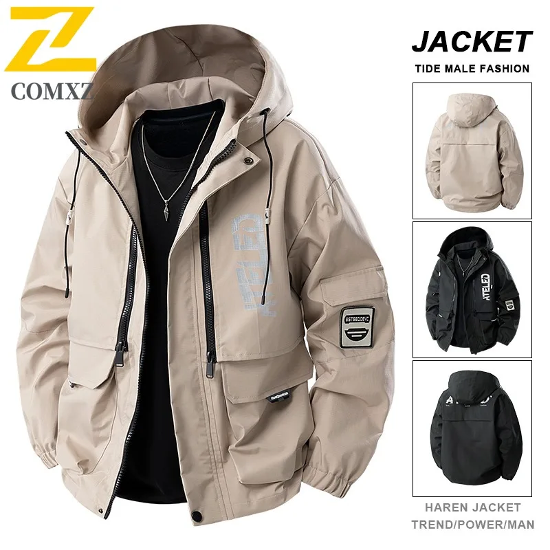 

COMXZ 2025 Spring Autumn Hooded Jacket Mens Loose Fit Workwear Waterproof Windproof Outdoor Fashion Print Coat