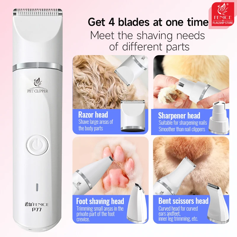 Fenice 4 in 1 Multi-functional Pet Electric Hair Clipper with 4 Blades Grooming Trimmer Nail Grinder Curved Foot Trimmer for Dog