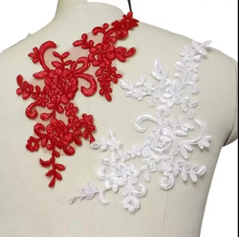 2PCS Wedding Dress Lace Trim Patch Applique Lace Fabric DIY Bride Hair Accessory White Red Black Sew Decoratio