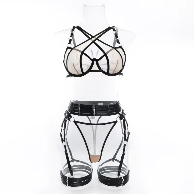 

Bikini with mesh inserts, metal ring straps, underwire, push-up, tie-up waistband, sexy lingerie set, swimsuit