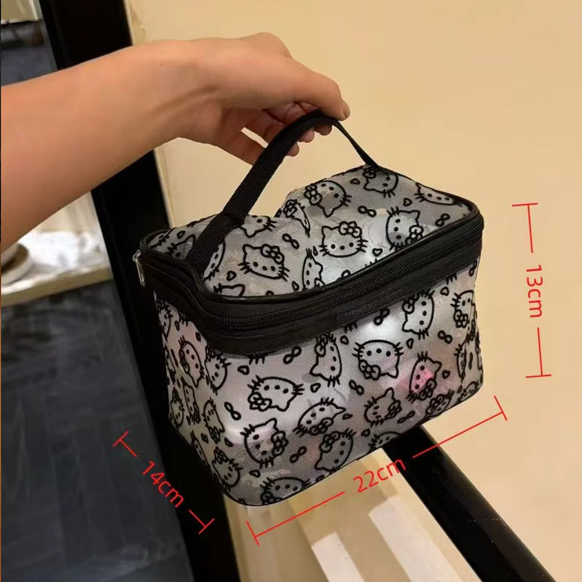 Cute Hello Kitty Mesh Makeup Bag, Transparent Flocked Cosmetic Organizer, Portable Travel Toiletry Bag