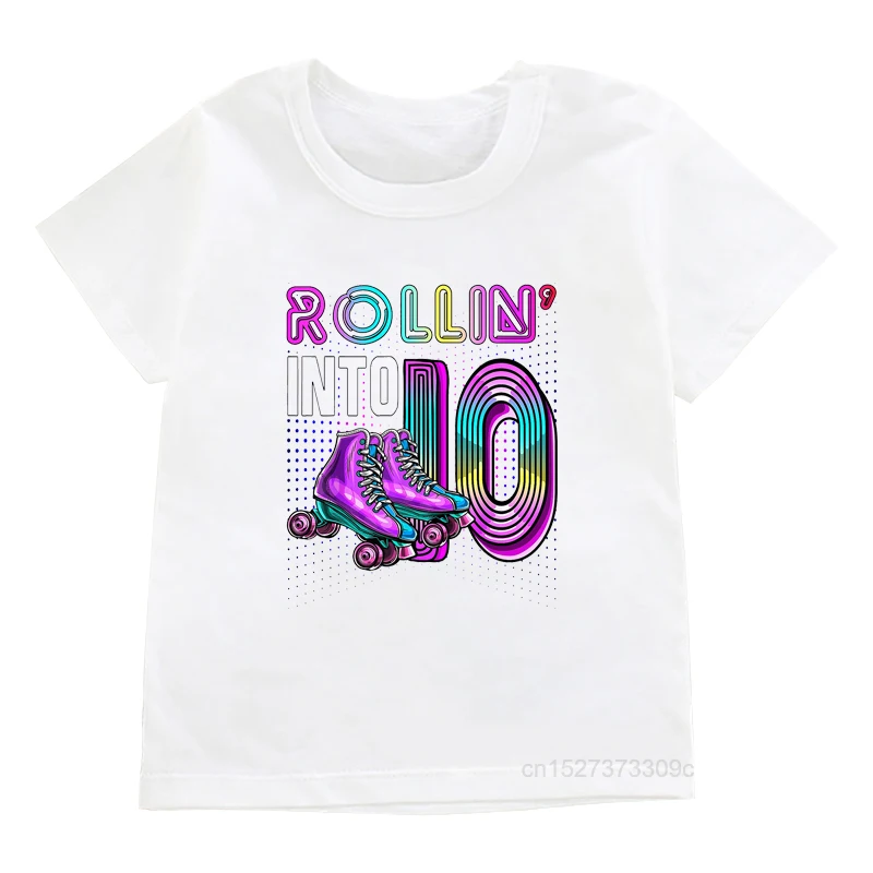 Girls 6/7/8/9 Birthday Party Tshirts Kids Rollin’Into 10/11/12 Roller Skating Print Clothing Baby New Fashion White Tops