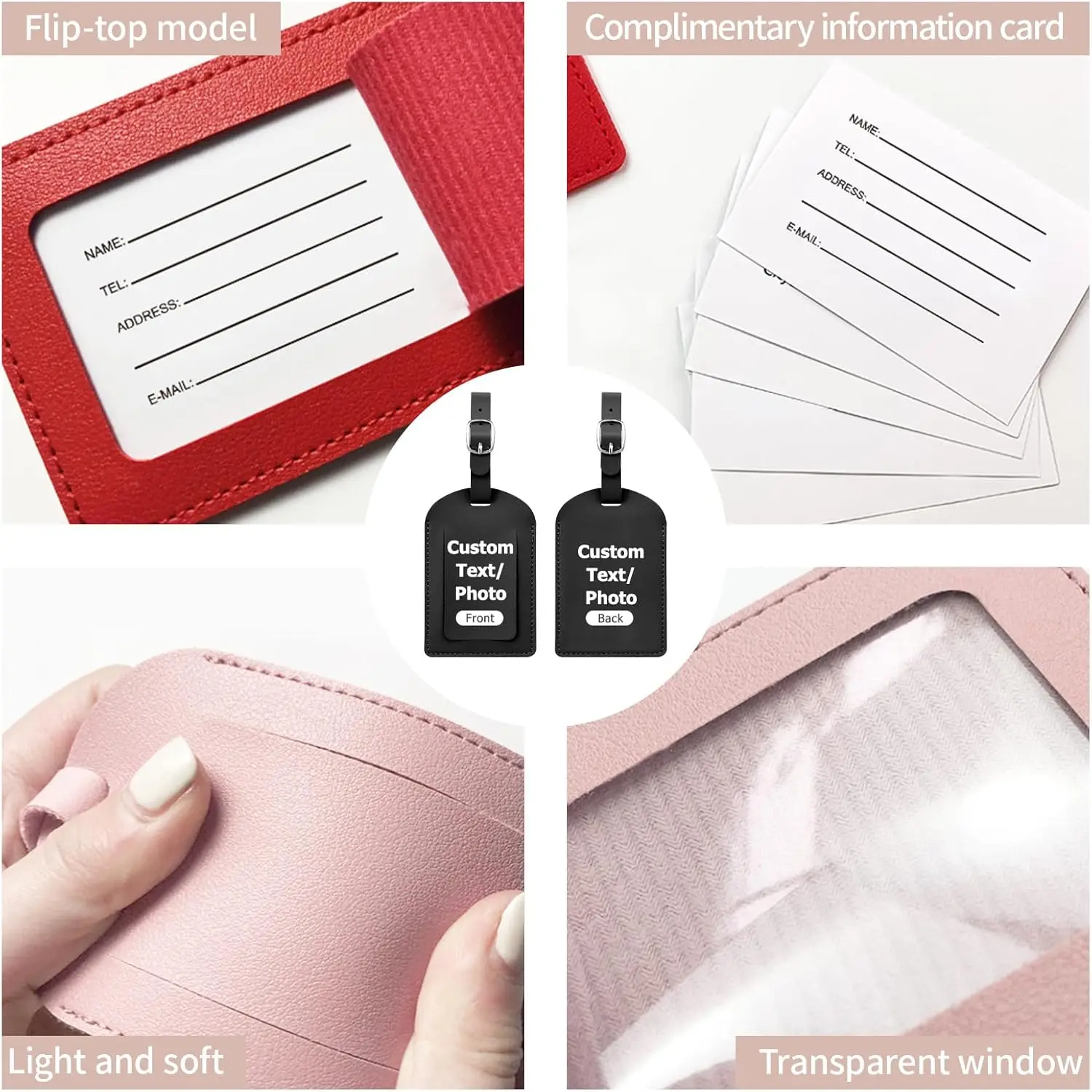 Personalized Leather Luggage Tags, Customizable PU Baggage ID Tag with Privacy Flip Cover, Travel Essential Suitcase Tag