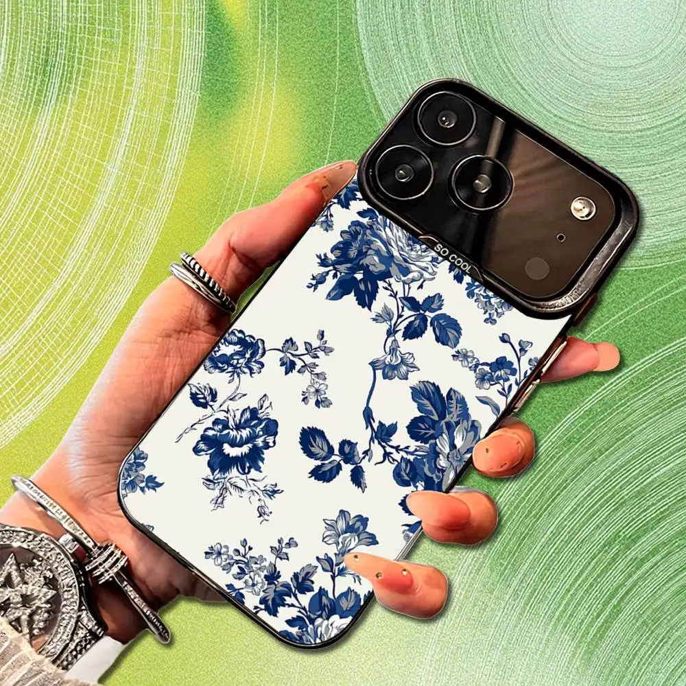 Чехол для телефона с синей художественной цветочной росписью для iPhone 14,17,13,12,11,16,15, Mini, Pro, SE, XS, MAX, черный матовый силиконовый чехол