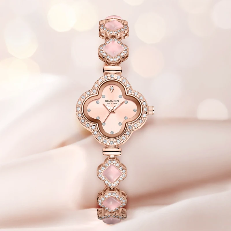 GUANQIN Luxury Women Quartz Watch Mother-of-Pearl Dial Four-leaf Clover Bracelet Leisure 30M Waterproof Watch for Lady for Gift