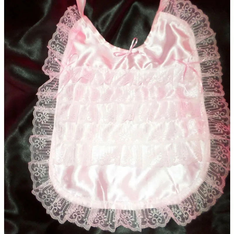 Waterproof ABDL Sissy Bib Bunny Pattern Lace Trim Satin Bows Adult Burp Cloths Anti-dirty Saliva Towel DDLG Feeding Bib Adjusab