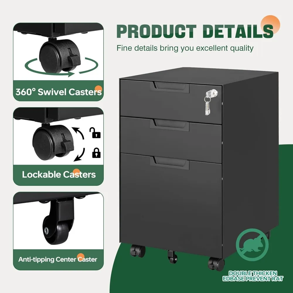 Mobile 3-Drawer Metal File Cabinet with Lock for Home Office, Under Desk Organizer for Letters, Legal, A4 Files