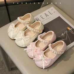 Girls Mary Jane Shoes with Bow-knot Fashion Kids Pearls Crown Princess Shoes for Party Wedding Children Leather Shoes Non-slip