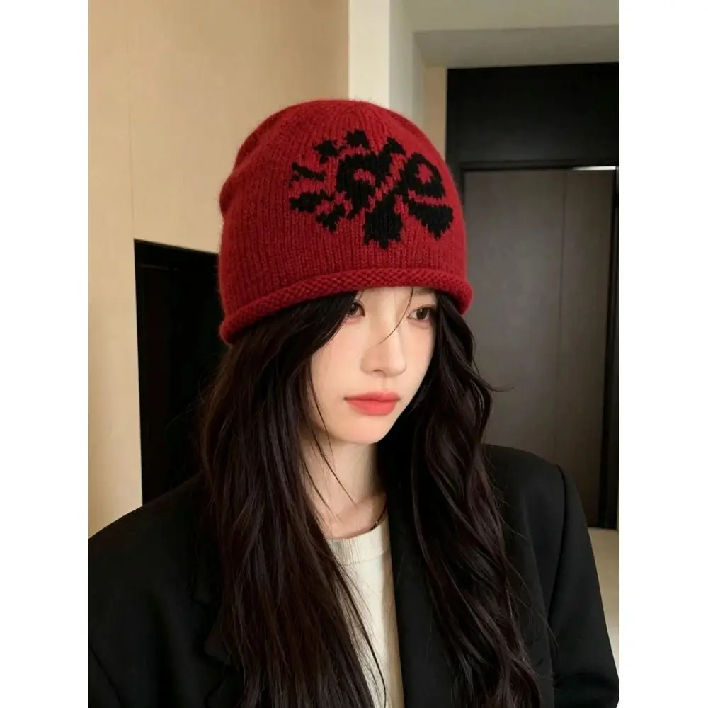 Fair Isle Pattern Wool Blend Knitted Beanie Hat Polyester Warm Winter Earflap Hat Large Head Circumference 56cm To 58cm