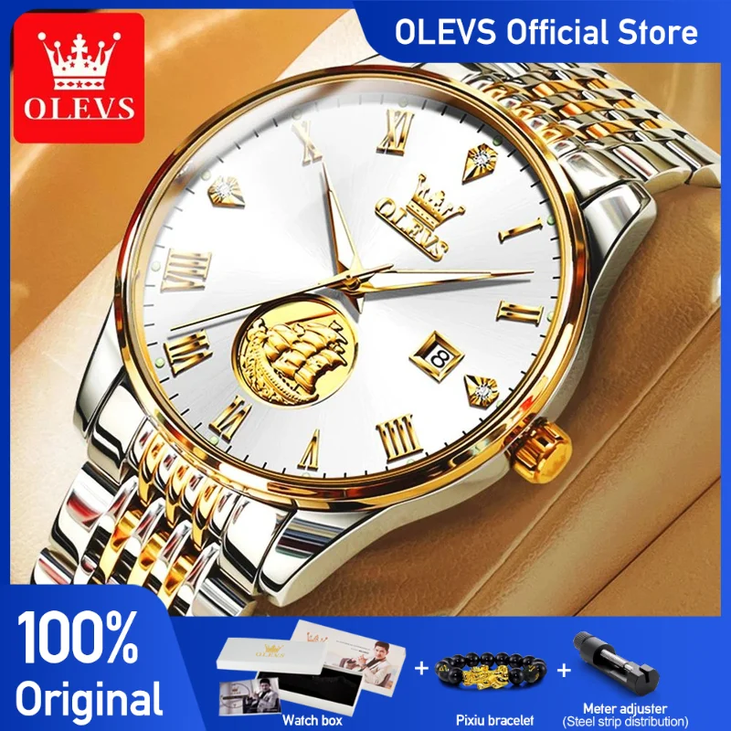 OLEVS Men\'s Watches Sailboat Business Automatic Mechanical Original Watch for Man Waterproof Stainless Steel Luminous Date