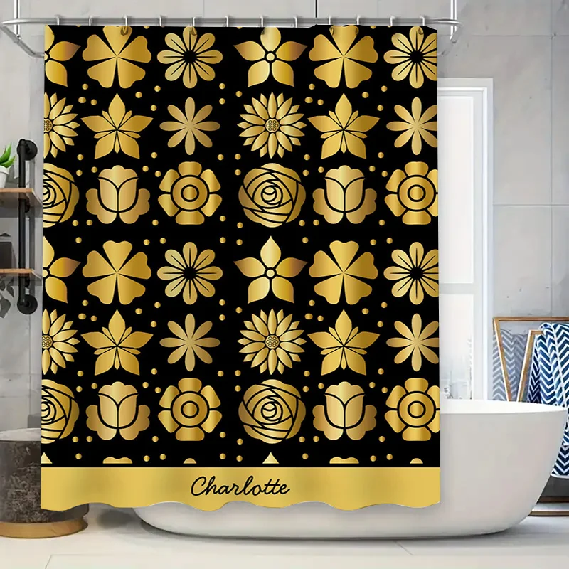 

Золотая занавеска для душа с цветочным принтом, индивидуальное имя, индивидуальный домашний декор, водонепроницаемая тканевая занавеска для ванной комнаты, роскошная декоративная крышка 60x72