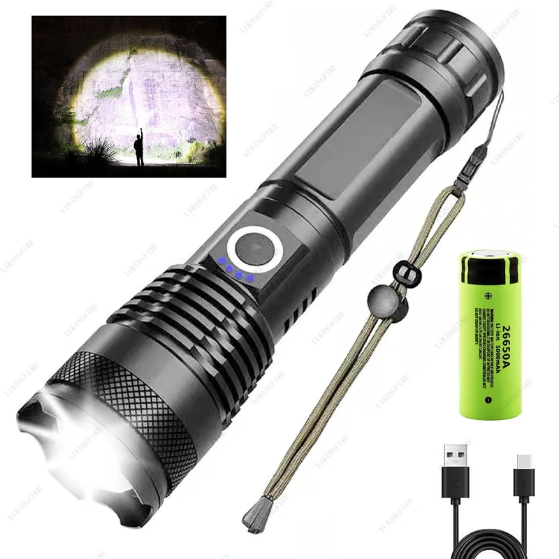 High Strong P50 Power Led Flashlights Tactical Torch with Display Light USB Charging Camping Fishing Emergency Zoom Lantern