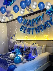 Navy blue happy birthday balloon set, blue silver star balloon, birthday party, Valentine's Day, party scene happybirthday
