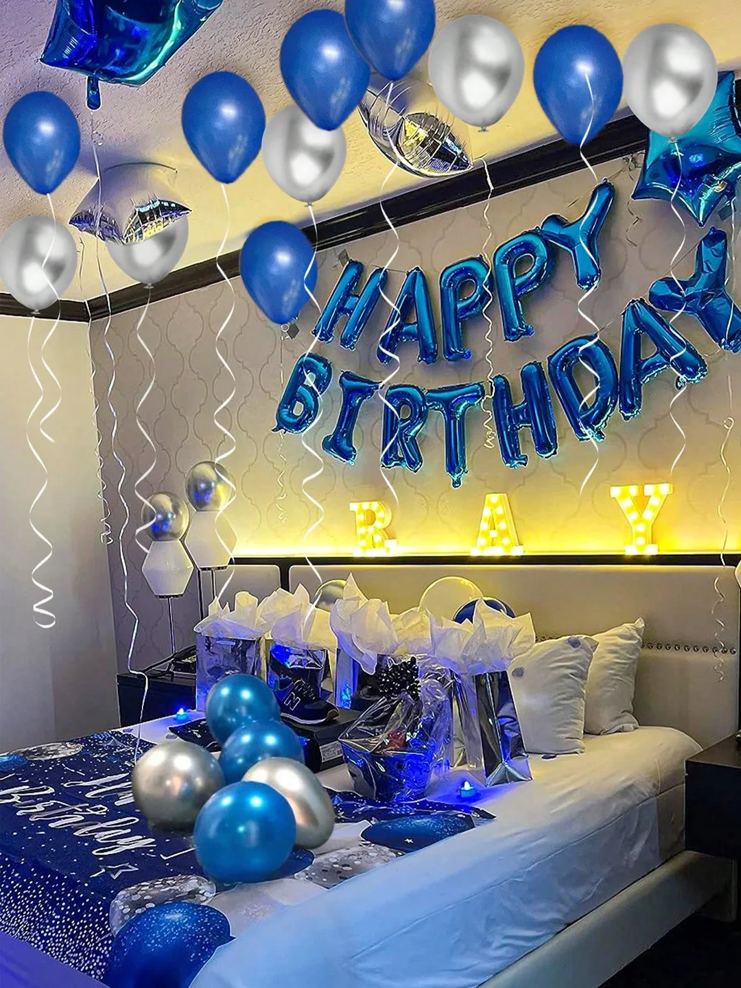 Granatowy zestaw balonów z okazji urodzin, niebieski srebrny balon w kształcie gwiazdy, przyjęcie urodzinowe, walentynki, scena imprezy Happybirthday