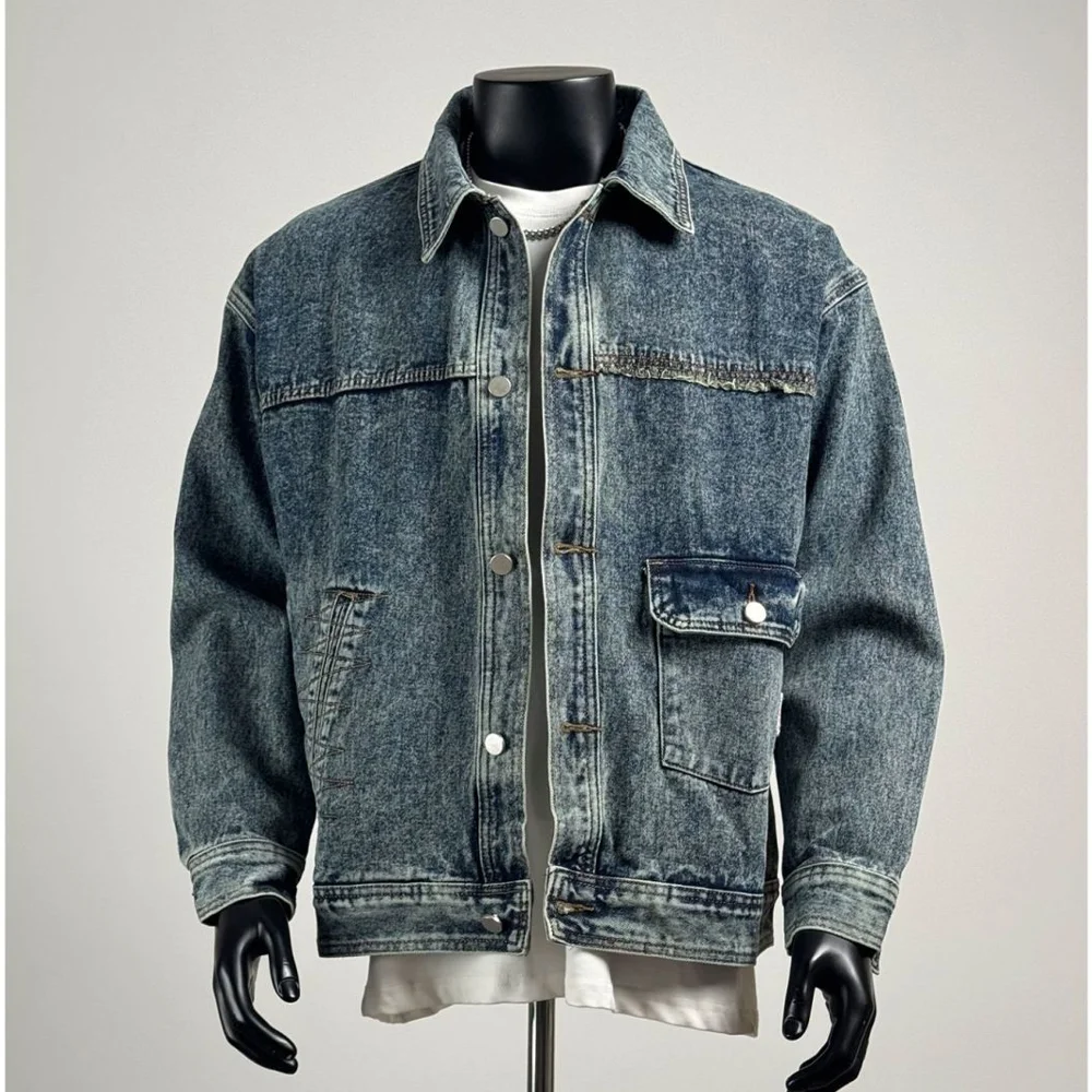 Men Denim Jacket Loose Fit Washed Cargo Pocket Button Up Vintage Casual Streetwear Coat 2026 New