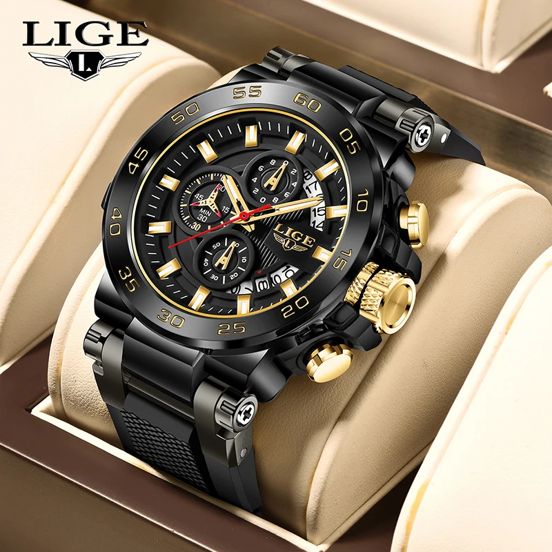 

LIGE 2025 new mens watch luxury large dial chronograph date waterproof quartz silicone sports watches for men relogios masculino