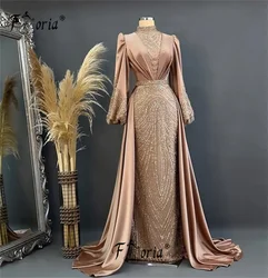 Long Champagne Dubai Mermaid Evening Dresses Bead Muslim Woman Party Gown Wedding Dress Customized Formal Gowns Vestidos de Gala