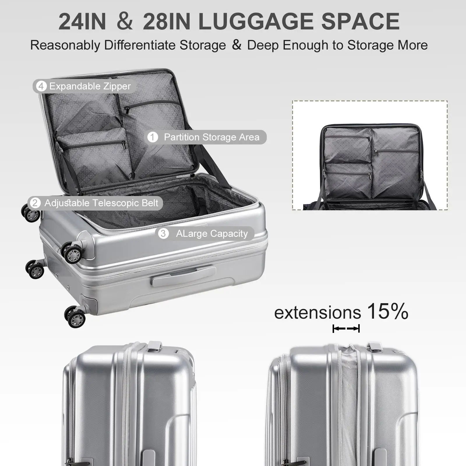 22 Expandable Carry-On Luggage - TSA Approved, USB Port, 20-Inch, ABS+PC,  Spinner Wheels, Silver